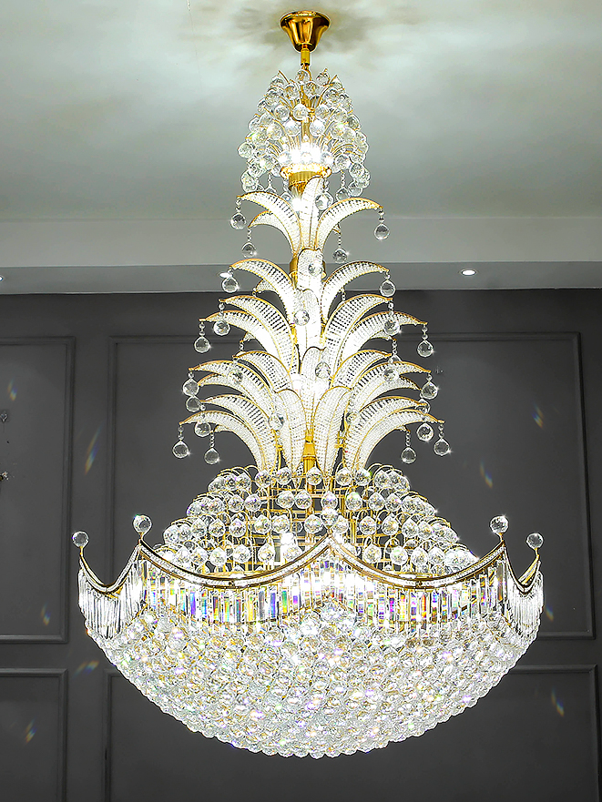 Large Luxury Sago Palm Tree Shape Golden Crystal Chandelier Unique Light Fixture for High Ceiling/ Foyer Staircase/ Duplex/ Villa Entryway