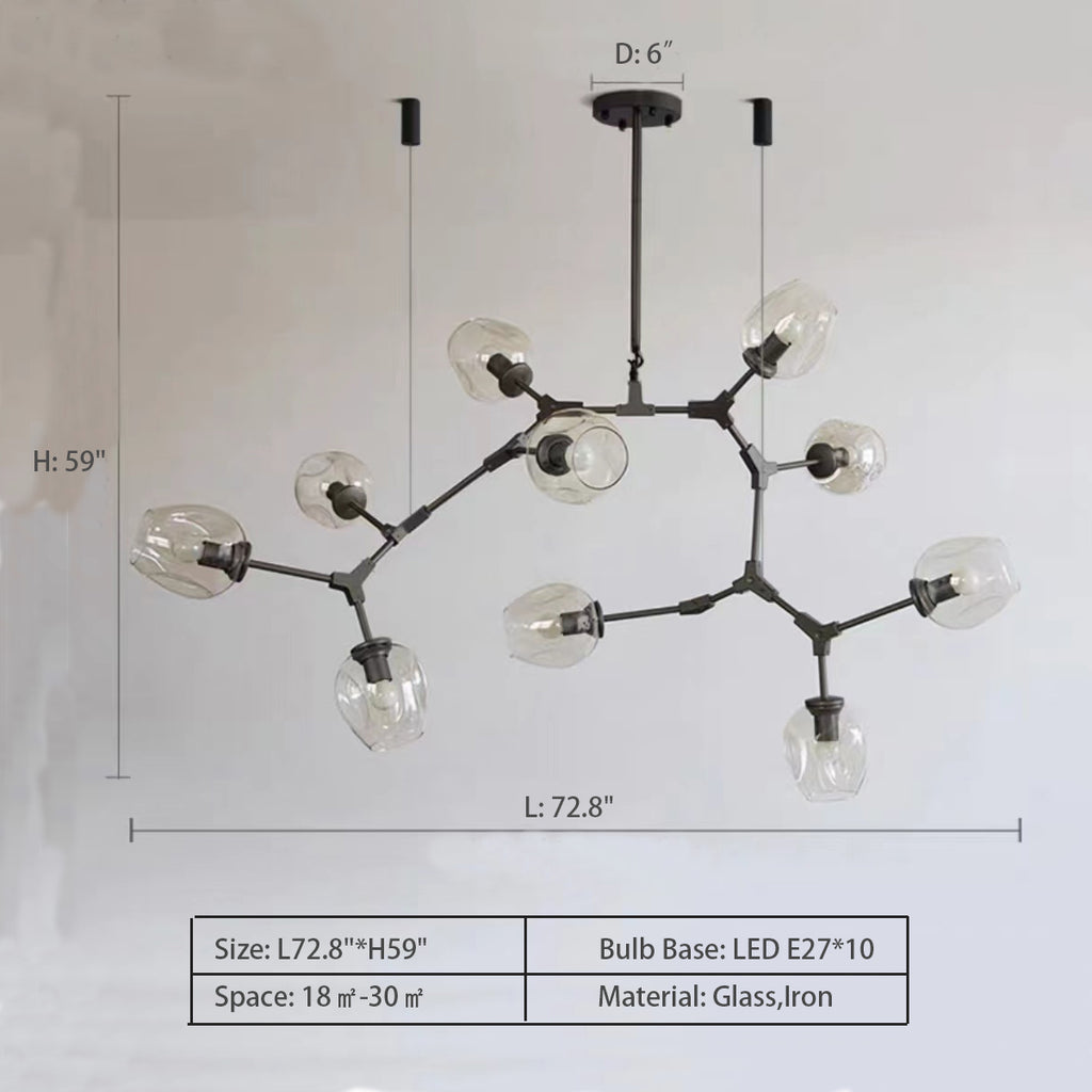 10Heads: L72.8"*H59"  Modern Trendy Branch Multi-Head Glass Chandelier for Living/Dining Room  extra large, oversized,  smoky grey, cognac, jade green   classic black and luxurious gold 