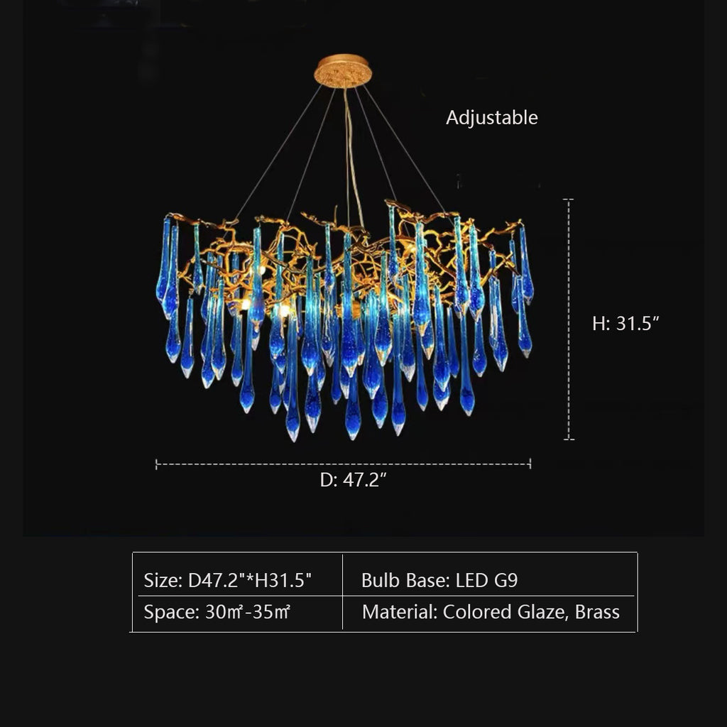 D47.2"*H31.5"  Colored Glaze, Brass， branch, modern, art, drops, prndant, extra large, oversized, for large living room, big dining room, bedroom, large space, high-ceiling space