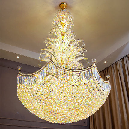 Large Luxury Sago Palm Tree Shape Golden Crystal Chandelier Unique Light Fixture for High Ceiling/ Foyer Staircase/ Duplex/ Villa Entryway