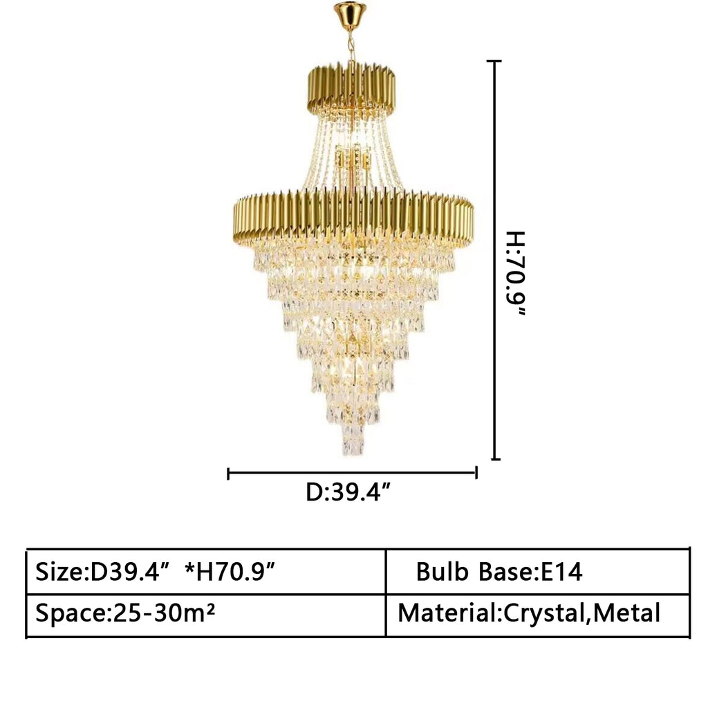 d39.4inches*h70.9inches Extra Large Multi-tiered Black/Gold Crystal Chandelier Modern Light Luxury Inverted Triangle Light Fixture For Living Room/Dining Room/Foyer ,hotel lobby/hallway ,2-story,duplex buidings ,villa