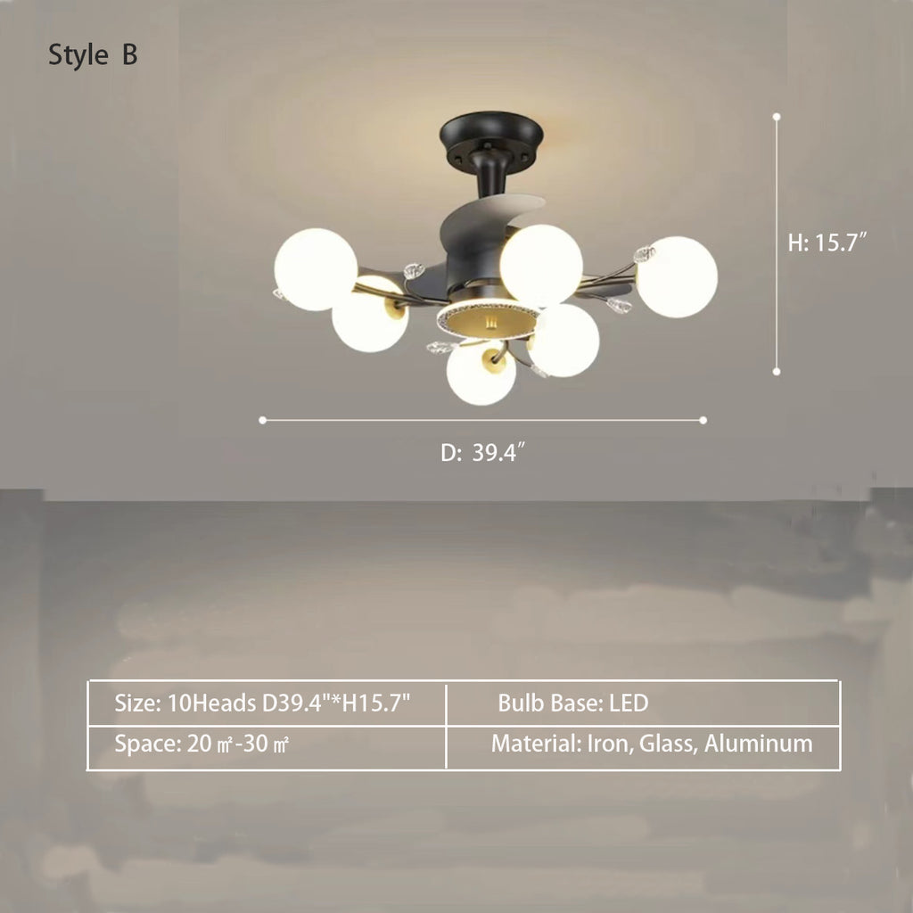 Style B: 10Heads D39.4"*H15.7"  3-Blade Branch Multi-Head Ceiling Fan Chandelier for Living/Dining Room  Iron, Glass, Aluminum  Four versions in total.  pure white and transparent starburst