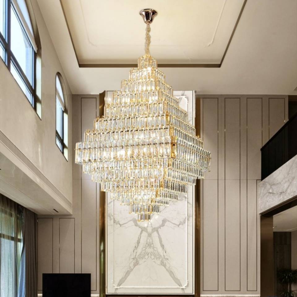 extra large crystal 2-story foryer / high ceiling living room / big hallway/ hotel entryway light fixture luxury modern stunning golden chandelier