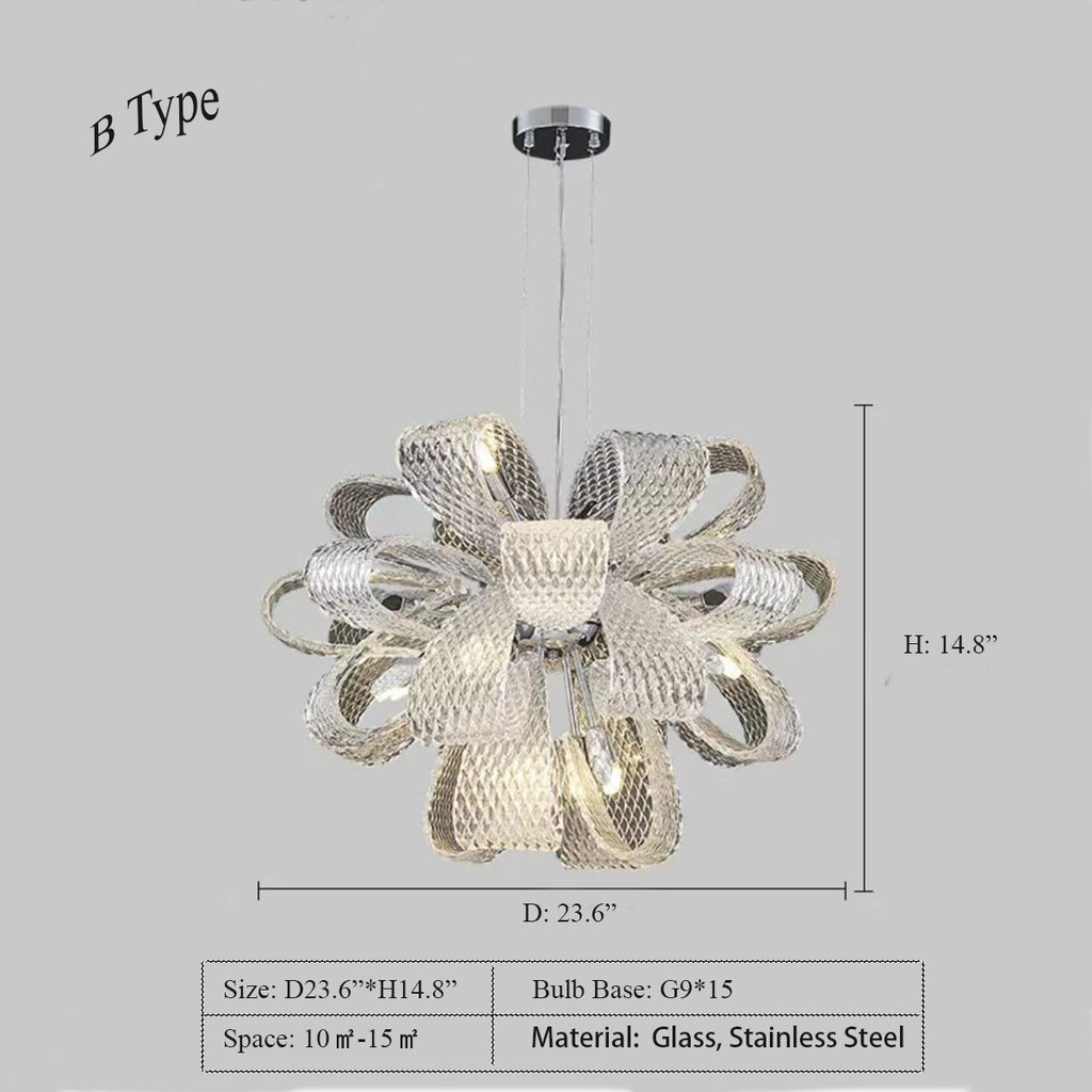 B: D23.6"*H14.8"  flower, bouquet, water ripple glass, stainless steel, art, pendant, chrome, creative, unique, nordic, living room, dining room, bedroom, kitchen island  CRYSTAL LUXURY GOLDEN RIBBON CHANDELIER