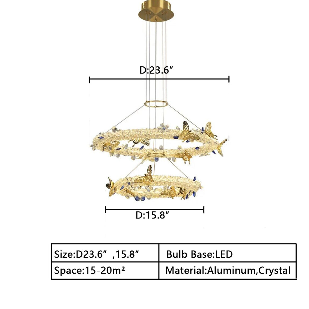 D23.6,inches D15.8 inches two-rings/tiered/round crystal chandelier  Butterfly Gold Crystal chandelier luxury art Ceiling LIGHT for dining room/living room/bedroom/kitchen/restaurant