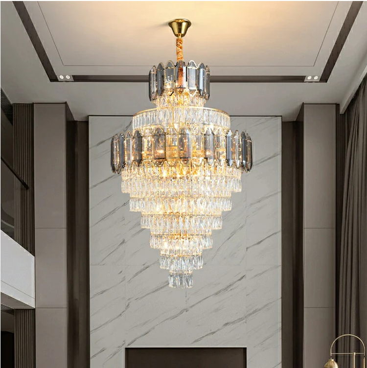 extra large crystal 2-story foryer / high ceiling living room / big hallway/ hotel entryway light fixture luxury modern stunning golden chandelier