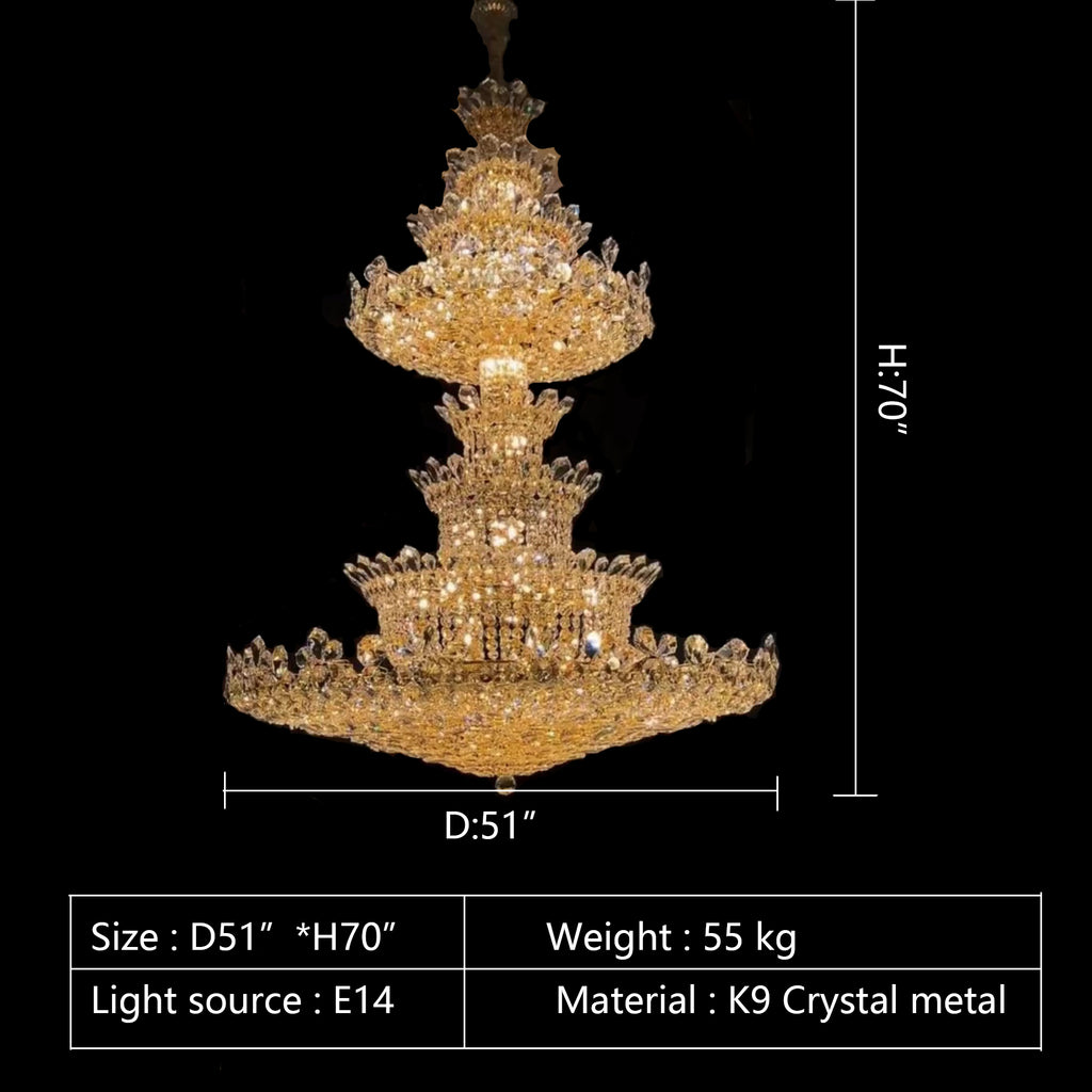 European-style gold multi-layers large crystal chandelier for hotel hall stairwell villa entrance  51inch diameter 70inch high