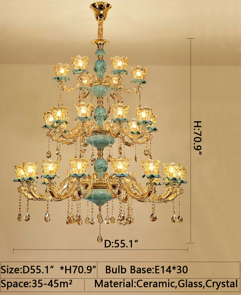 D55.1"*H70.9" oversized extra large European-style modern /vintage golden multi-layers luxury crystal chandelier flower ceramic ceiling light fixture for villas/duplex buildings/loft/high-floor living room/foyer/staircase/hallyway.hotel lobby,restaurant/coffee shop/cafe.