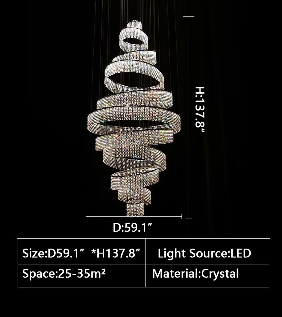 D59.1"*H137.8" oversized, spiral, large foyer, staircase, hotel lobby, modern, crystal, luxury