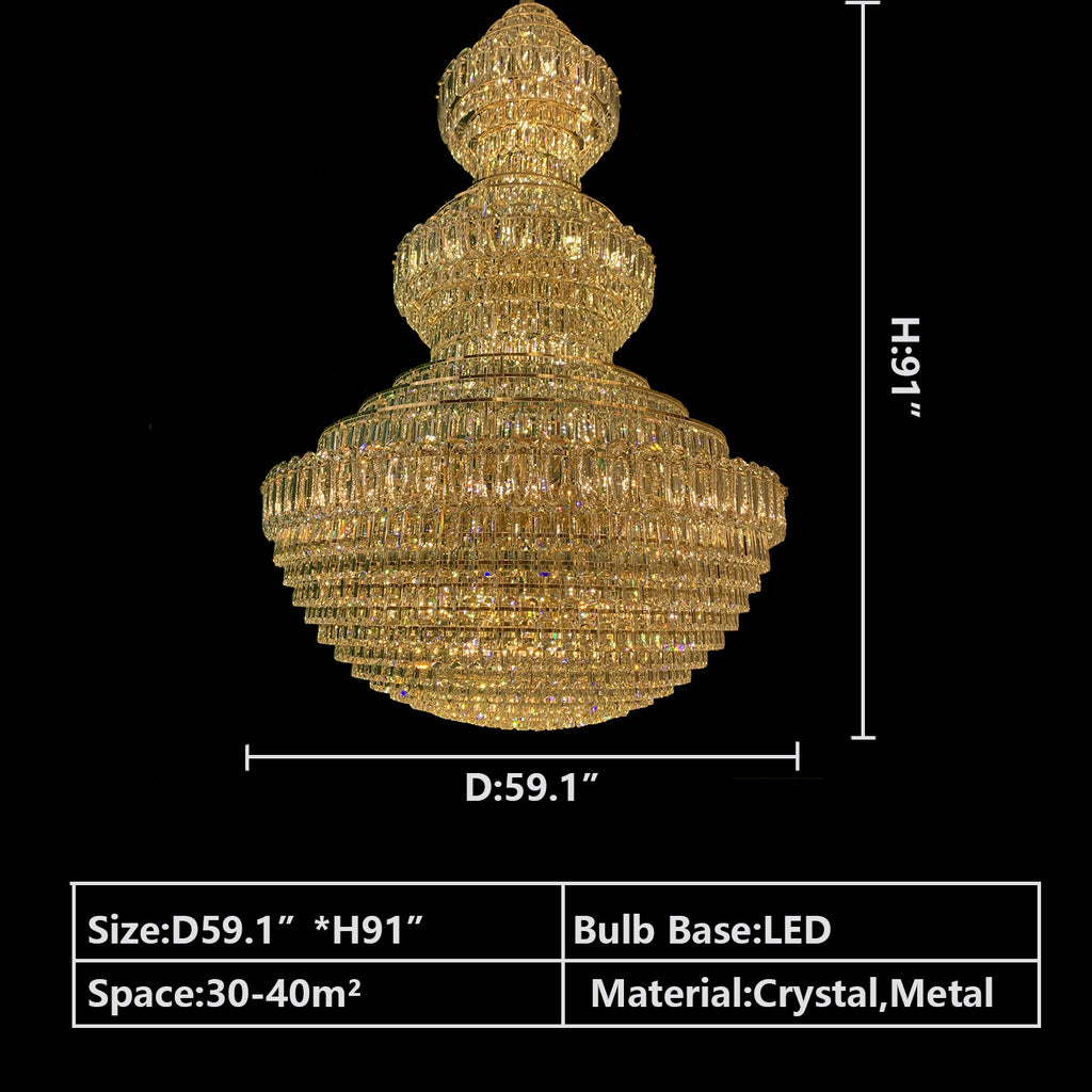 D59.1"*H91"  Extra Large Empire Multi-Tier Crystal Chandelier in Gold Finish for High-Ceiling Room   Multi-layers Luxury Crystal Chandelier Empire Round Light Fixture For High-ceiling Foyer/Hallway