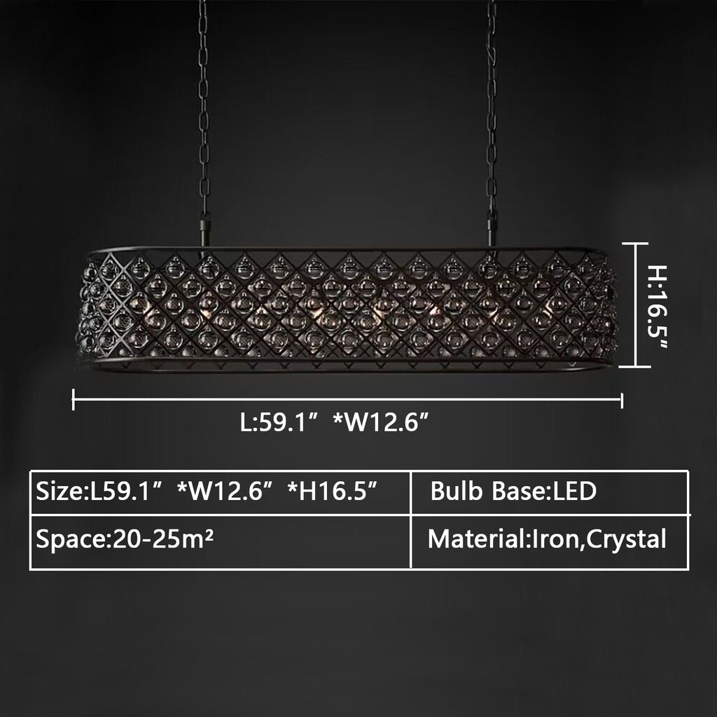 D59.1" rectangle black modern crystal chandelier,iron long oversized/extra large light chandelier for dining room/rectangle/coffee shop/coffee table/big long table/ceiling flush mount chandelier   kitchen island