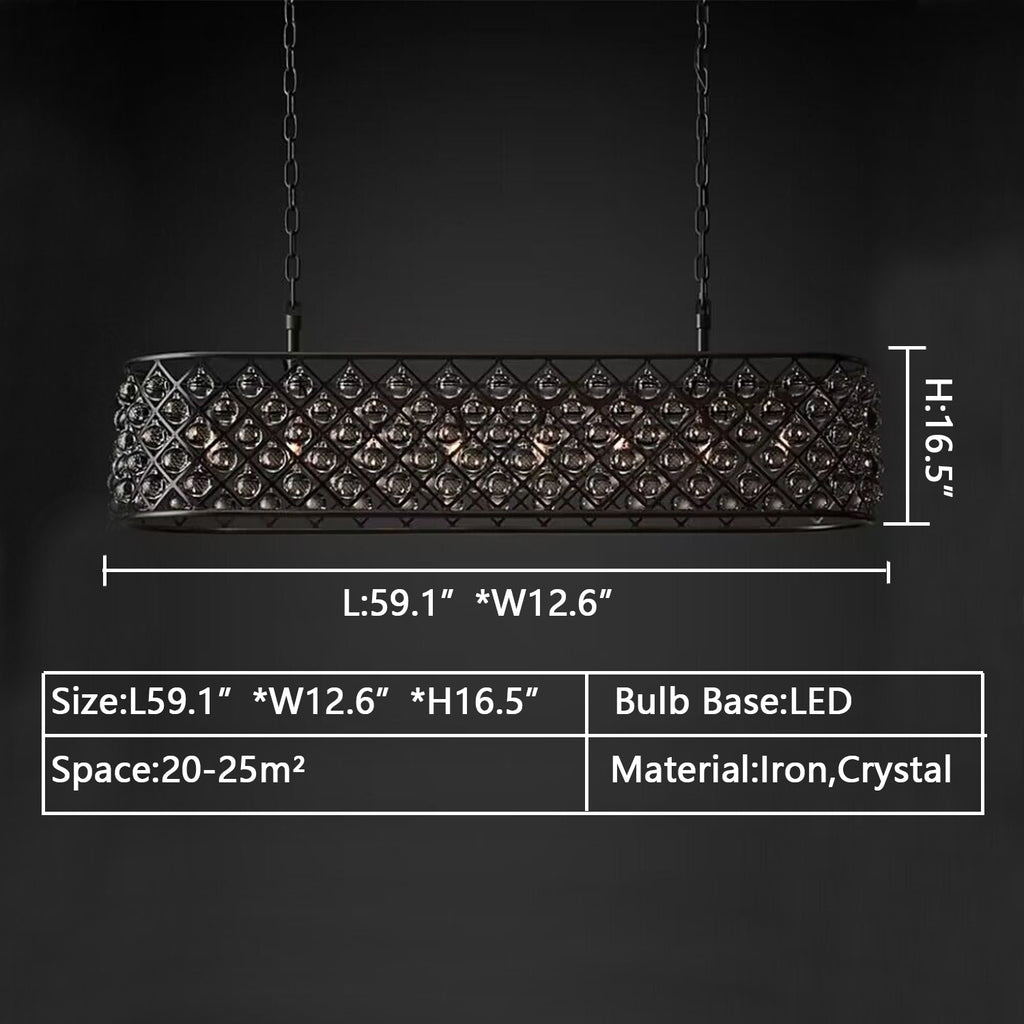 D59.1" rectangle black modern crystal chandelier,iron long oversized/extra large light chandelier for dining room/rectangle/coffee shop/coffee table/big long table/ceiling flush mount chandelier   kitchen island