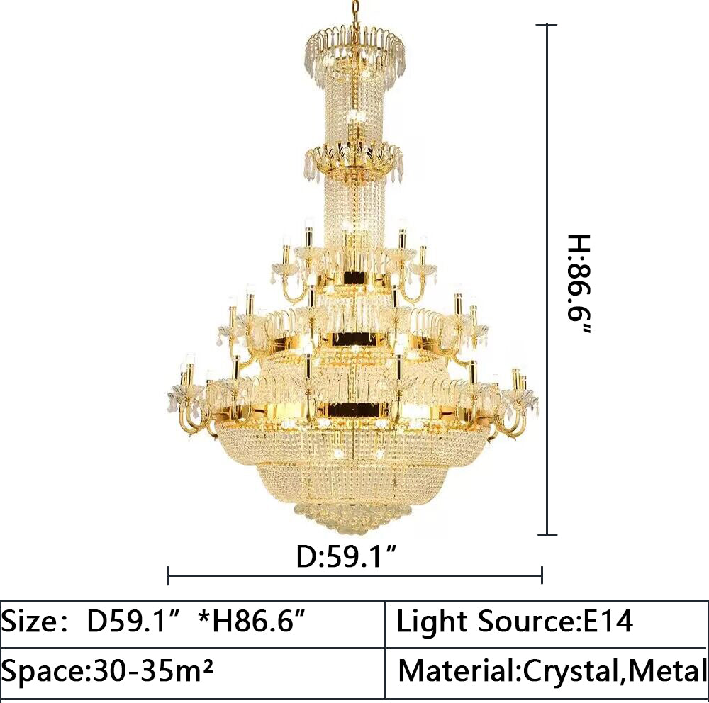 D59.1"*H86.6" Oversized/extra large multi-layers gold luxury crystal chandelier for villas/duplex buildings/loft/ high-floor buildings living room/foyer/staircase/entryway/entrance.hotel lobby/hall,restaurant,coffee shop,cafe and shopping mall center.