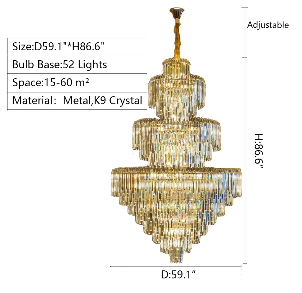 D59.1inch*H86.6inch oversized conical brass gold crystal chandelier for dining/living room.hallyway/staircase/hotel lobby