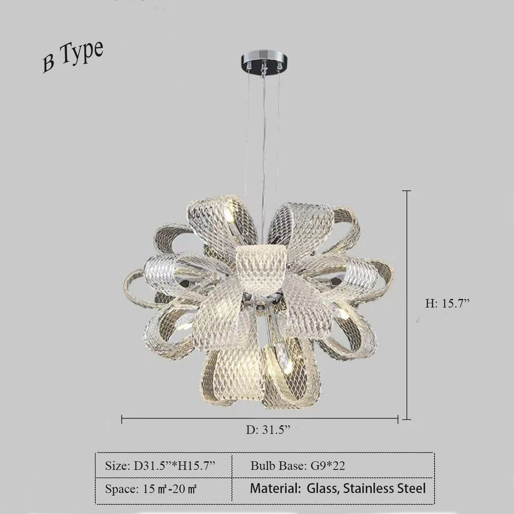 B: D31.5"*H15.7"  flower, bouquet, water ripple glass, stainless steel, art, pendant, chrome, creative, unique, nordic, living room, dining room, bedroom, kitchen island  CRYSTAL LUXURY GOLDEN RIBBON CHANDELIER
