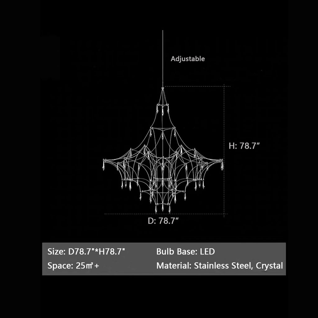 D78.7"*H78.7" extra large, oversized, firefly, glowworm, stainless steel, crystal, modern, high-ceiling space, large living room, big lobby, hallway, staircase