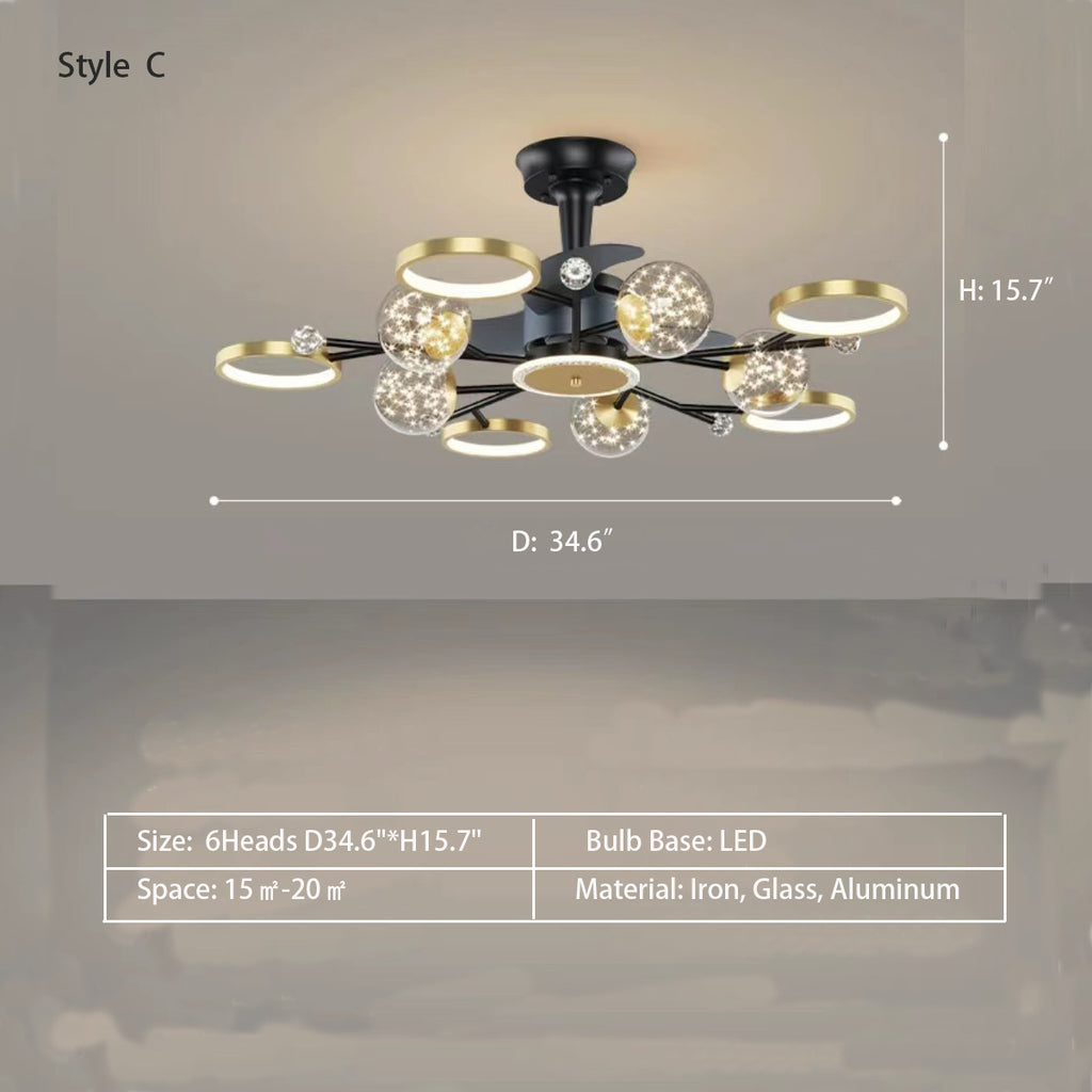 Style C: 6Heads D34.6"*H15.7"  3-Blade Branch Multi-Head Ceiling Fan Chandelier for Living/Dining Room  Iron, Glass, Aluminum  Four versions in total.  pure white and transparent starburst