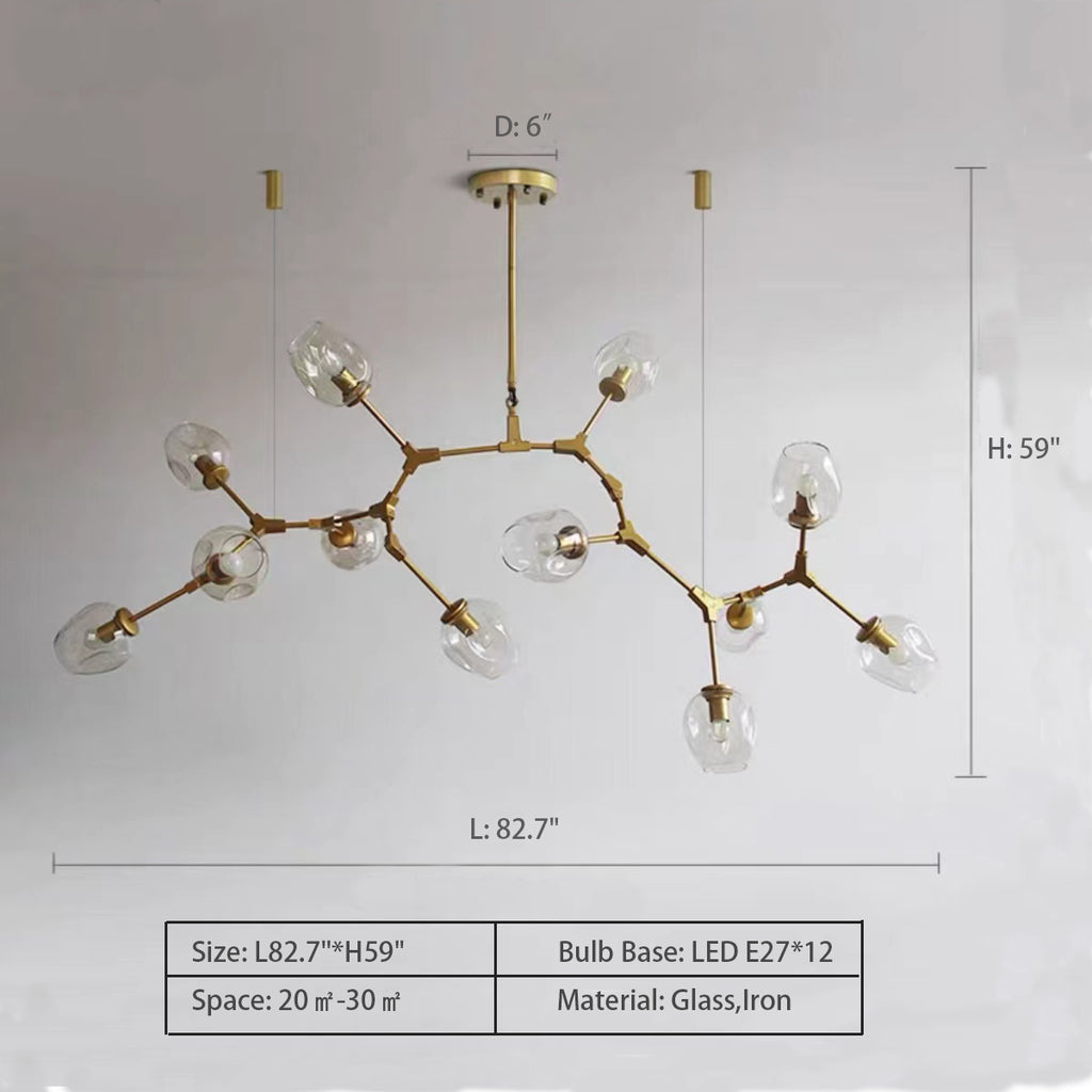 12Heads: L82.7"*H59"  Modern Trendy Branch Multi-Head Glass Chandelier for Living/Dining Room  extra large, oversized,  smoky grey, cognac, jade green   classic black and luxurious gold 