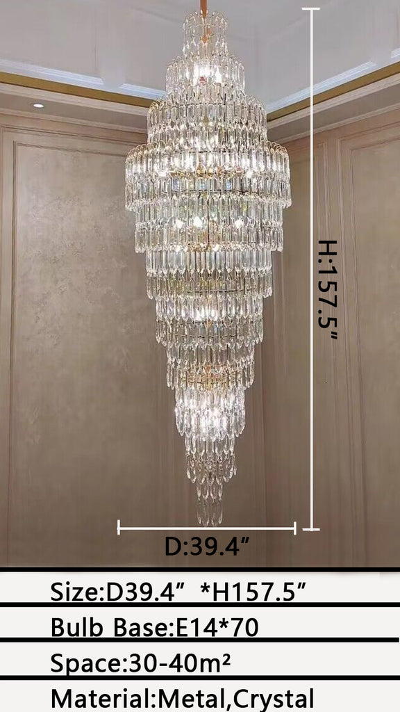 D39.4INCHES*H157.5INCHES extra large tiered crystal chandelier super long foyer/staircase crystal light for 2-story/duplex building/big house/villas/apartment