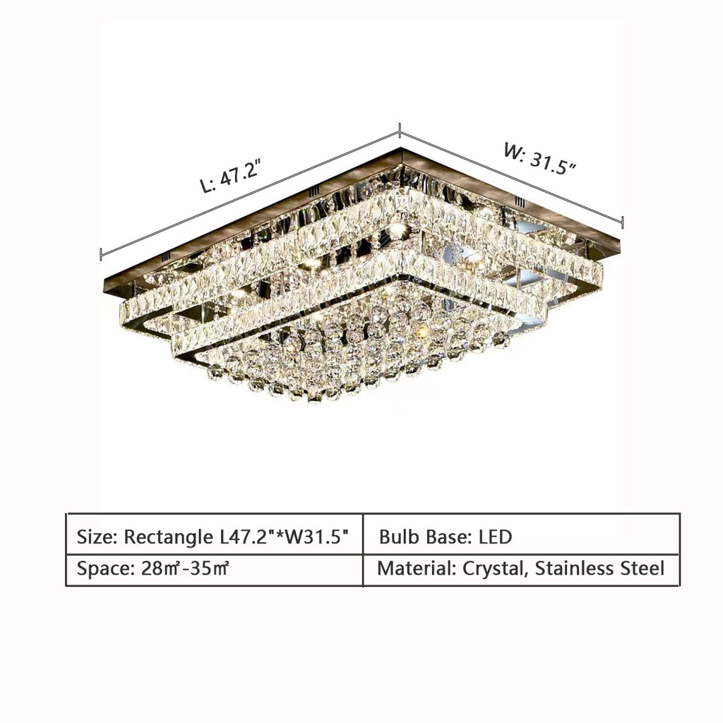 Rectangle: L47.2"*W31.5"  extra large, oversized, for large space, large living room, long dining table, crystal, pendant, flush mount, mirror stainless steel, modern, tiered, chandelier, bedroom