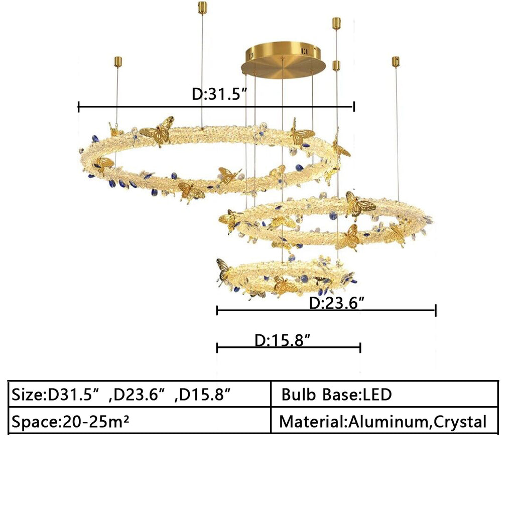 D31.5 inches D23.6,inches D15.8 inches two-rings/tiered/round crystal chandelier Butterfly Gold Crystal chandelier luxury art Ceiling LIGHT for dining room/living room/bedroom/kitchen/restaurant