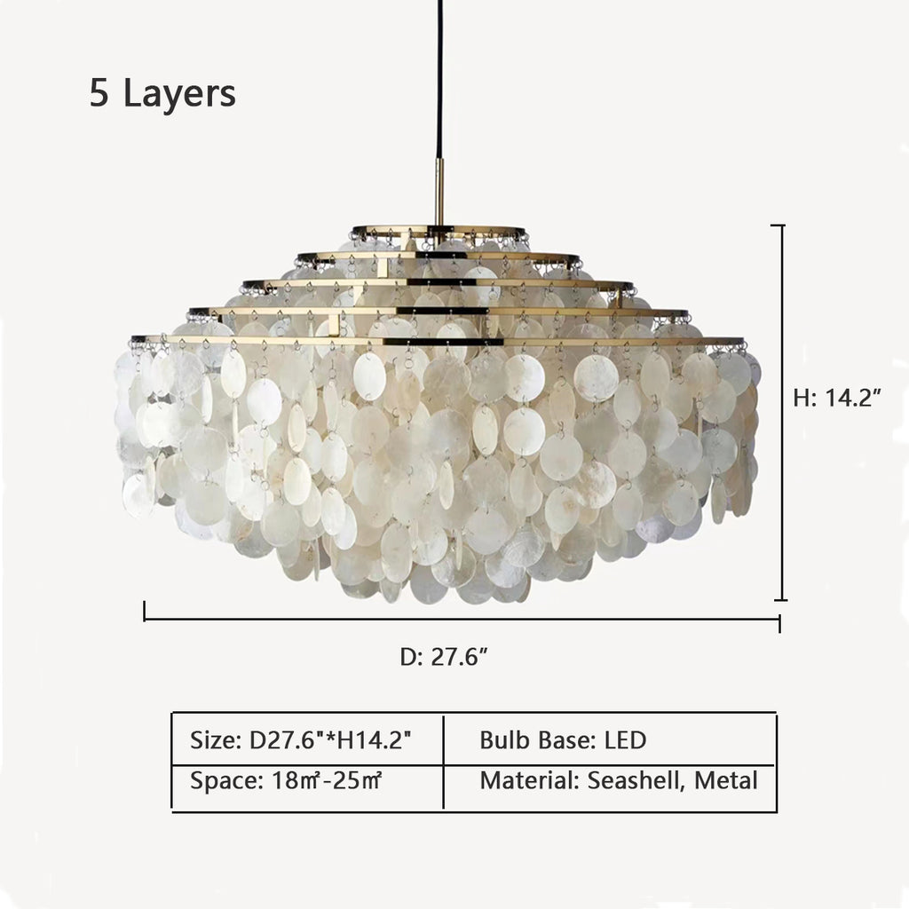 5Layers: D27.6"*H14.2"  tiered, chrome, seashell, boho, bohemia, natural, wind chime, chandelier, living room, dining table, bedroom