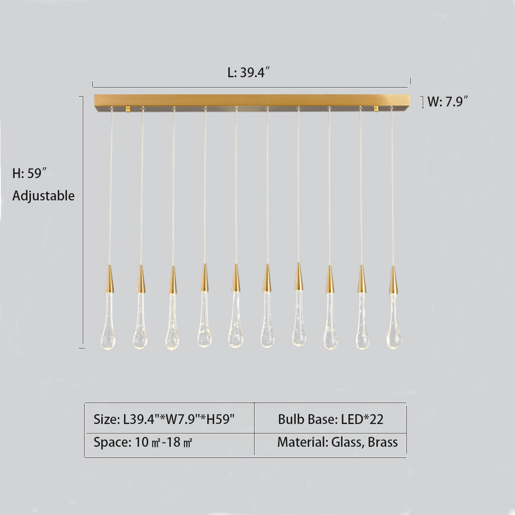 Rectangle: L39.4"*W7.9"*H59"  long, gold, glass, brass, raindrop, pendant, round, linear, rectangle, staircase, living room, kitchen island, bar, high-ceiling room