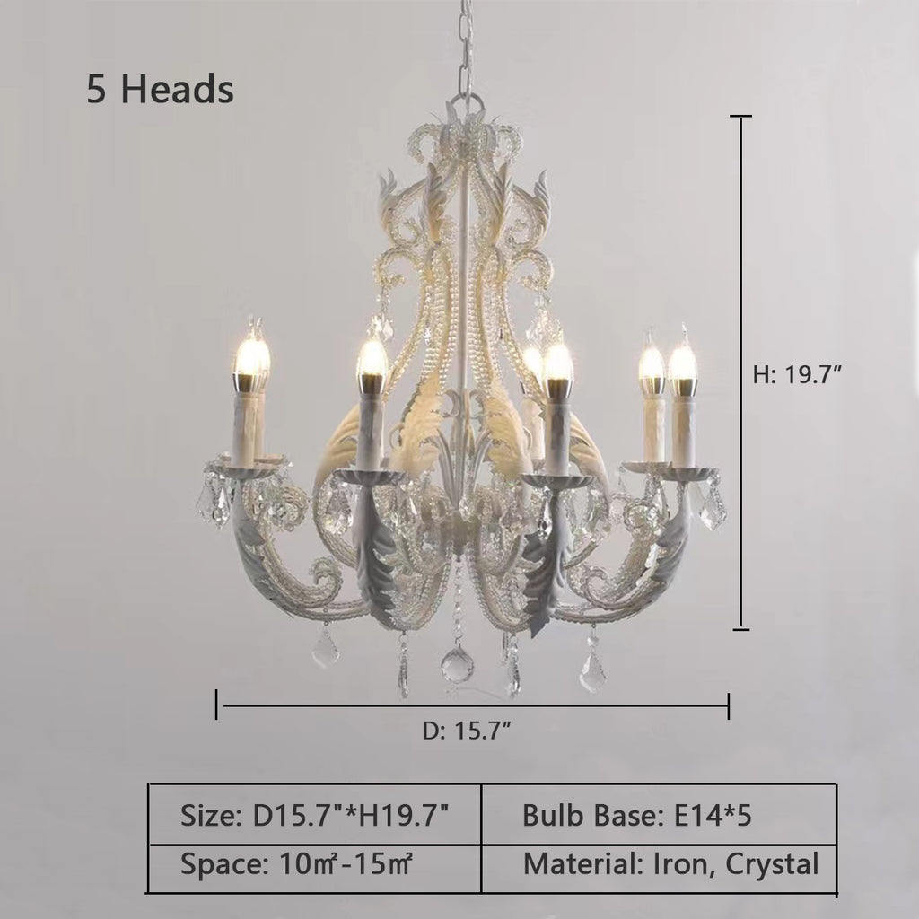 5Heads: D15.7"*H19.7"  pure white, snowy, feather, candle, vintage, European, retro, chandelier, crystal pendant, princess, bedroom, round dining table, cafes, 