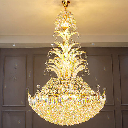 Large Luxury Sago Palm Tree Shape Golden Crystal Chandelier Unique Light Fixture for High Ceiling/ Foyer Staircase/ Duplex/ Villa Entryway