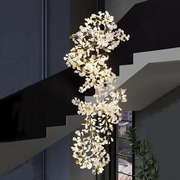 Extra large/Oversized Creative Fashion Gingko Leaf Ceramic Plastic Porcelain Chandelier,Modern Light Luxury Staircase Long Light Fixture For villa/duplex buidings/lofts staircase/foyer/living room/entryway/entrance/hallyway.shopping mall center.restaurant/hotel lobby