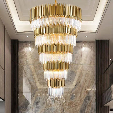 luxury, pendant, multilayer, stainless steel, crystal, empire, gold, modern,large foyer, hallway, entryway, duplex, villa