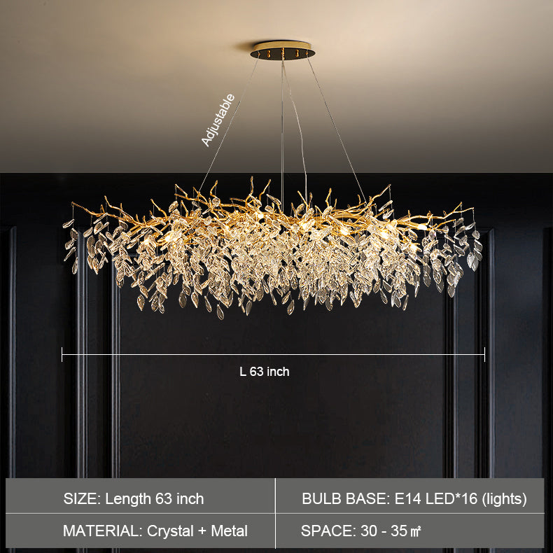extra length 63inch length oversized branch glass crystal chandelier gold linear botanical rustic light for dining room/duplex building/long hall/villa entryway/foyer