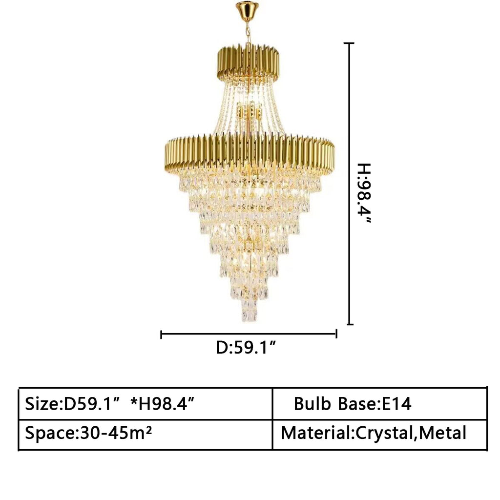 d59.1inches*h98.4inches Extra Large Multi-tiered Black/Gold Crystal Chandelier Modern Light Luxury Inverted Triangle Light Fixture For Living Room/Dining Room/Foyer ,hotel lobby/hallway ,2-story,duplex buidings ,villa