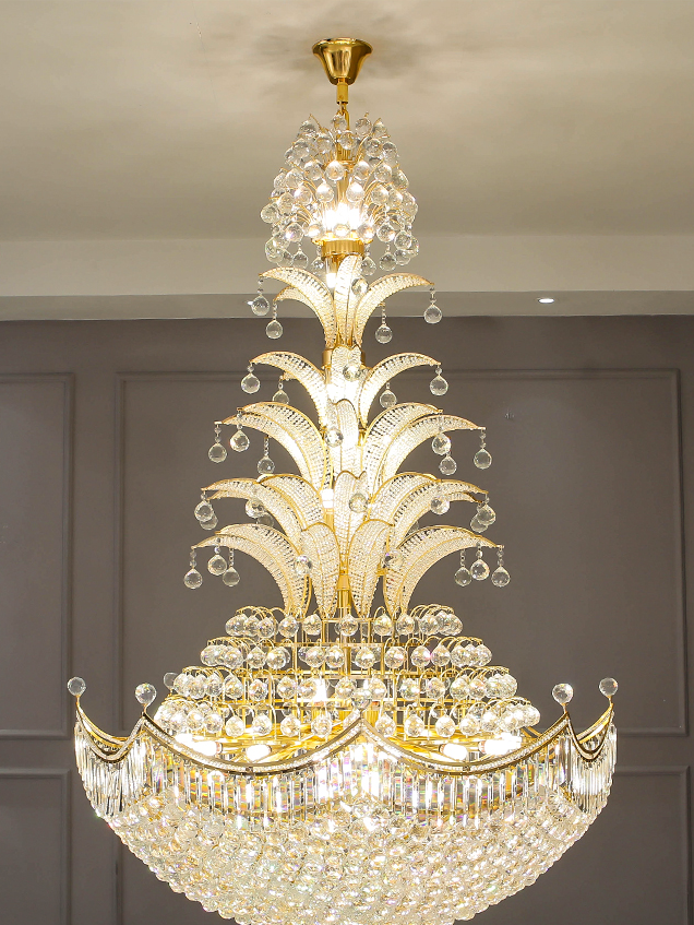 Large Luxury Sago Palm Tree Shape Golden Crystal Chandelier Unique Light Fixture for High Ceiling/ Foyer Staircase/ Duplex/ Villa Entryway