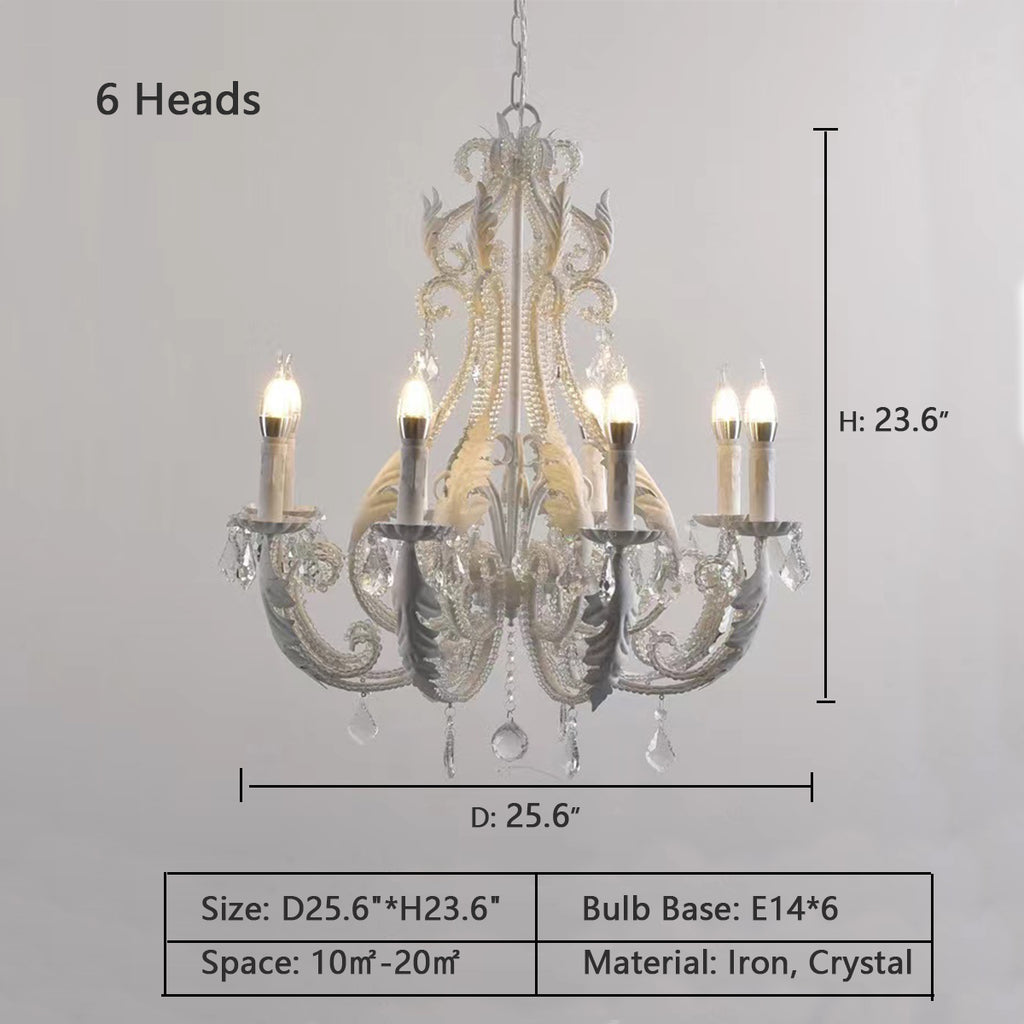 6Heads: D25.6"*H23.6"  pure white, snowy, feather, candle, vintage, European, retro, chandelier, crystal pendant, princess, bedroom, round dining table, cafes, 