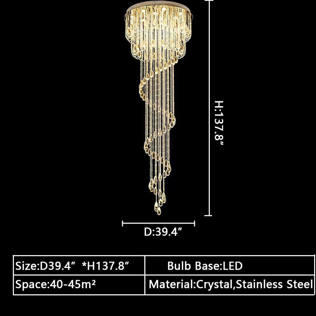 d39.4inches*h137.8inches extra large Cascade Spiral ceiling crystal long chandelier for 2-story/duplex buildings/big house/villas staircase,foyer,hallway entryway