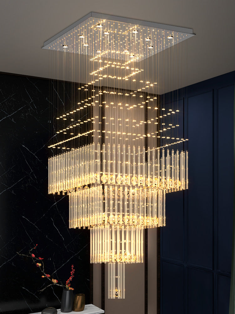 Minimalist likes best large long square falling crystal pendant lamplarge interior high ceiling living room/entryway/foyer staircase light fixture