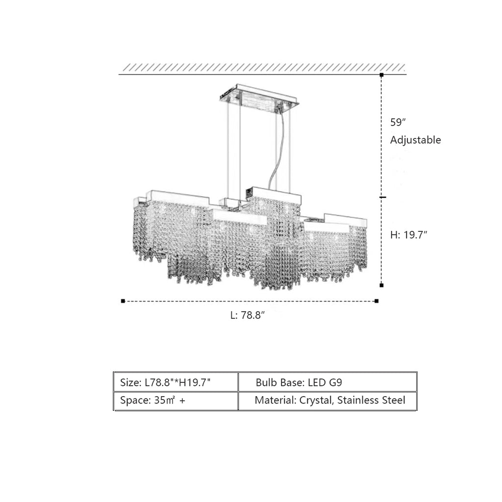L78.8"*H19.7"  light luxury, large, modern, rectangle, crystal, pendant, dining table, bar, kitcheb island, irregular, tassel, extra large, oversized, big dining room,  long dining table, large walk-in closets, bars,  clubs and themed restaurants, chrome