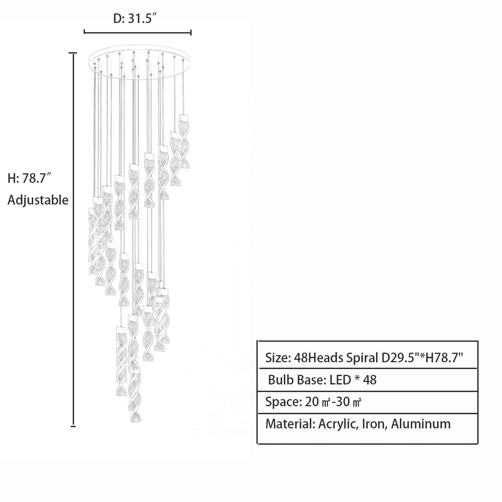 48Heads: Spiral D29.5"*H78.7"  Extra Large Multiole Acrylic Spiral DNA Shaded Collcetion Chandelier for High-ceiling Room   Acrylic, Iron, Aluminum classic black and luxurious gold