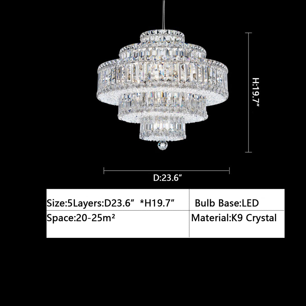 5Layers: D 23.6"*H 19.7"  luxury, modern, tiered, k9 crystal, LED, dining room, loft