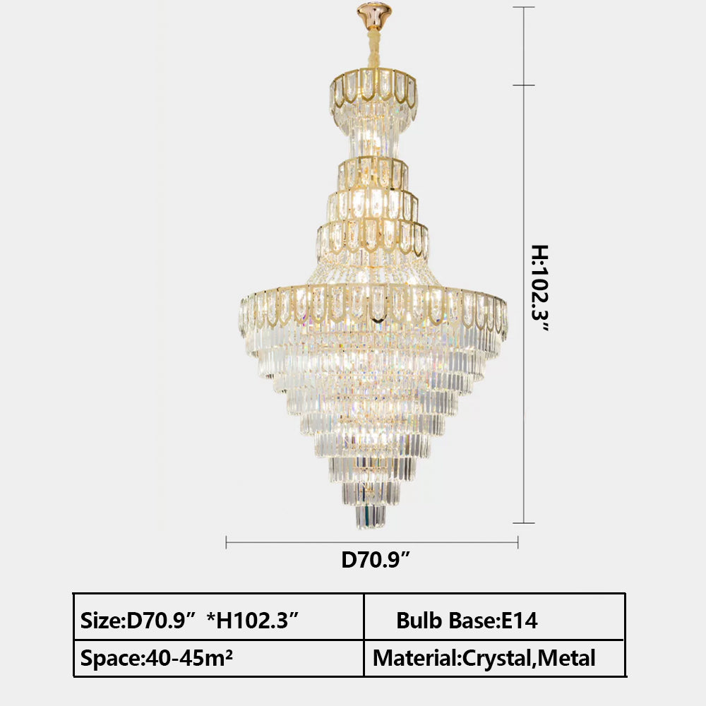 D70.9"*H102.3"Oversized light luxury conical crystal chandelier for high-ceiling staircase/foyer/hallway/entryway,2-story/duplex buildings/hotel lobby/restaurant/coffee shop/bar/new build/new home/self build