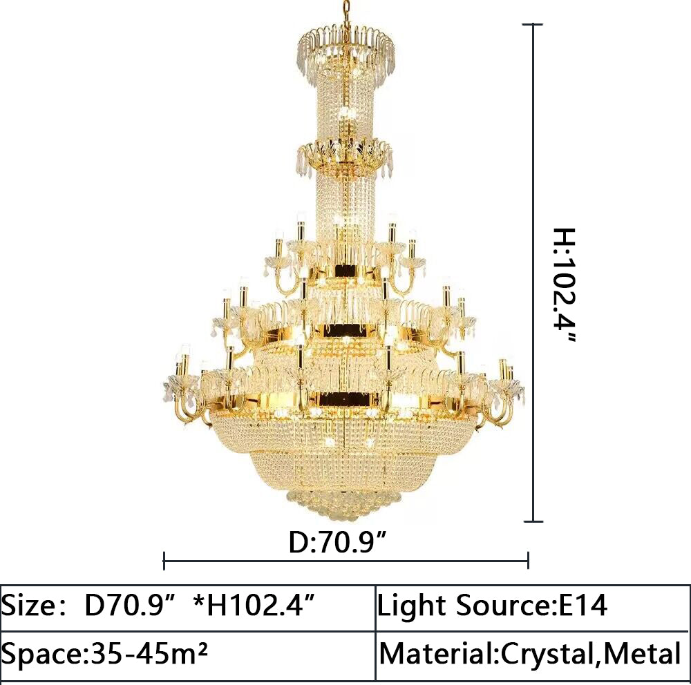 D70.9"*H102.4" Oversized/extra large multi-layers gold luxury crystal chandelier for villas/duplex buildings/loft/ high-floor buildings living room/foyer/staircase/entryway/entrance.hotel lobby/hall,restaurant,coffee shop,cafe and shopping mall center.