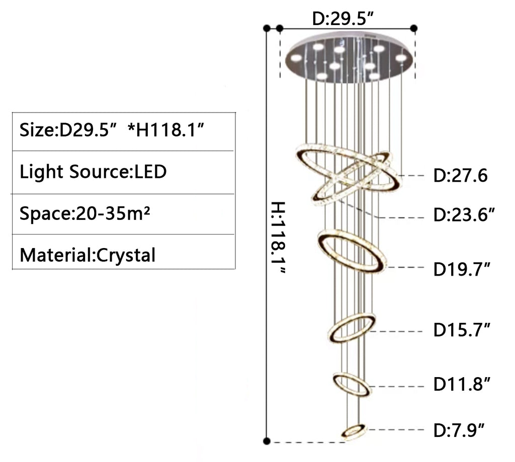 D29.5"*H118.1" Extra large multi-rings crystal chandelier super long ceiling light fixture for villas/duplex buildings/lofts living room/staircase/foyer/stairwell/entryway/entrance/hallyway.hotel lobby,cafe, coffee shop,restaurant,bar...