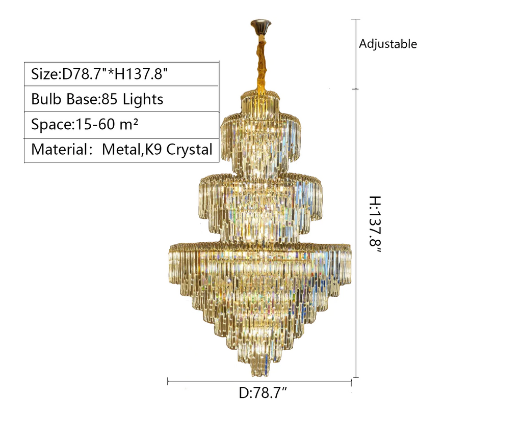 D78.7inch*H137.8inch extra large gold crystal chandelier globe style light fixture for hotel lobby/hallyway/entrance/villa hall/entryway/staircase