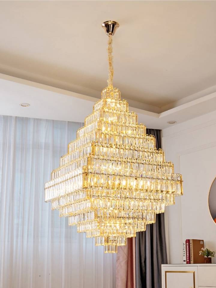 extra large crystal 2-story foryer / high ceiling living room / big hallway/ hotel entryway light fixture luxury modern stunning golden chandelier