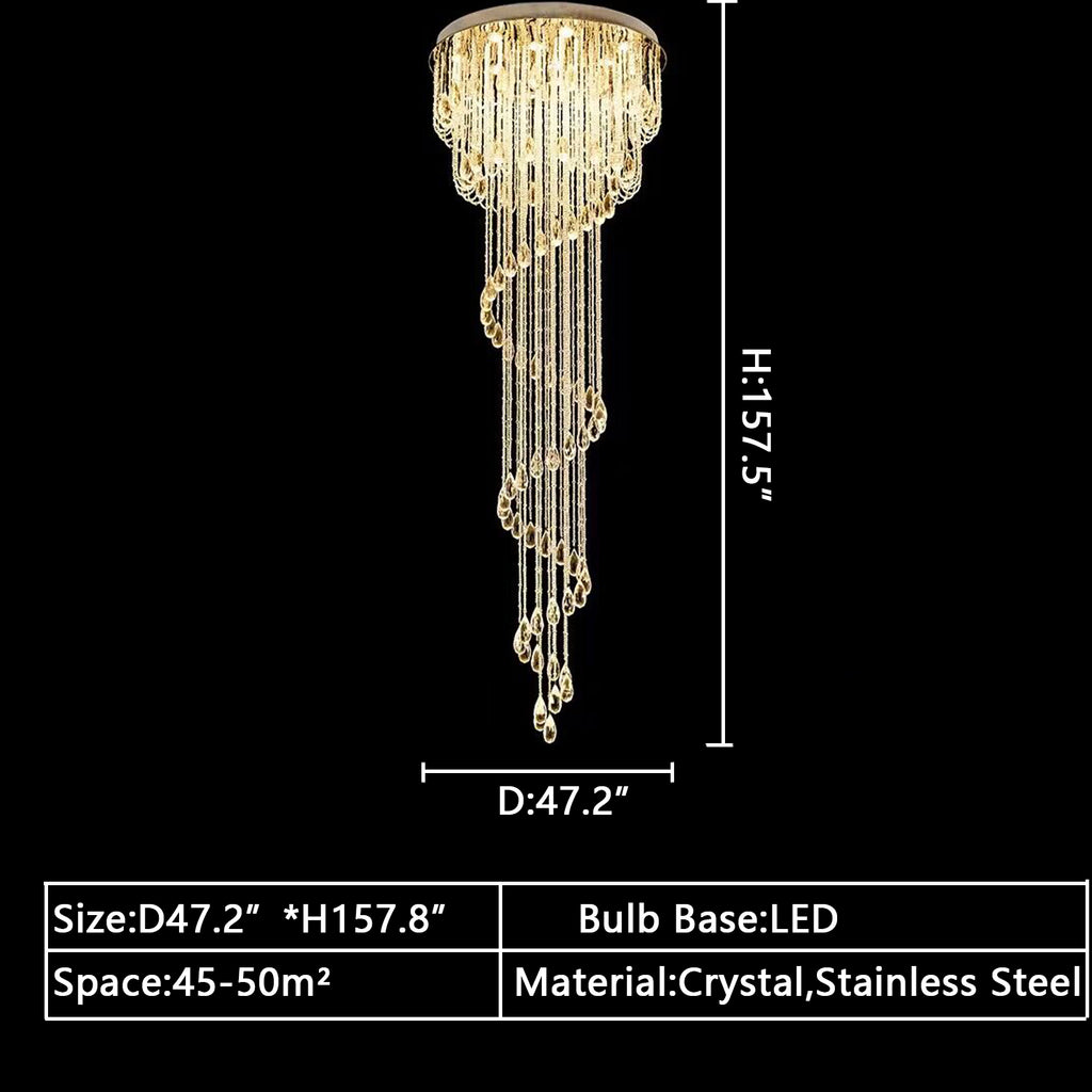 d47.2inches*h157.8inches extra large Cascade Spiral ceiling crystal long chandelier for 2-story/duplex buildings/big house/villas staircase,foyer,hallway entryway
