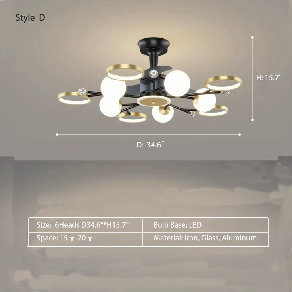 Style D: 6Heads D34.6"*H15.7"   3-Blade Branch Multi-Head Ceiling Fan Chandelier for Living/Dining Room  Iron, Glass, Aluminum  Four versions in total.  pure white and transparent starburst