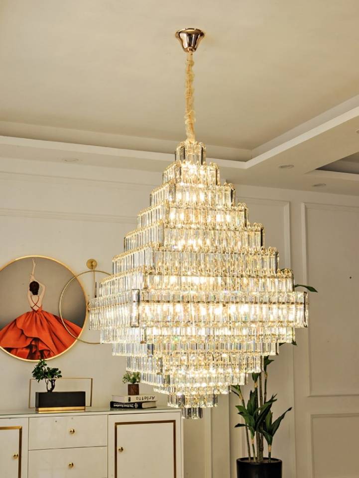 extra large crystal 2-story foryer / high ceiling living room / big hallway/ hotel entryway light fixture luxury modern stunning golden chandelier