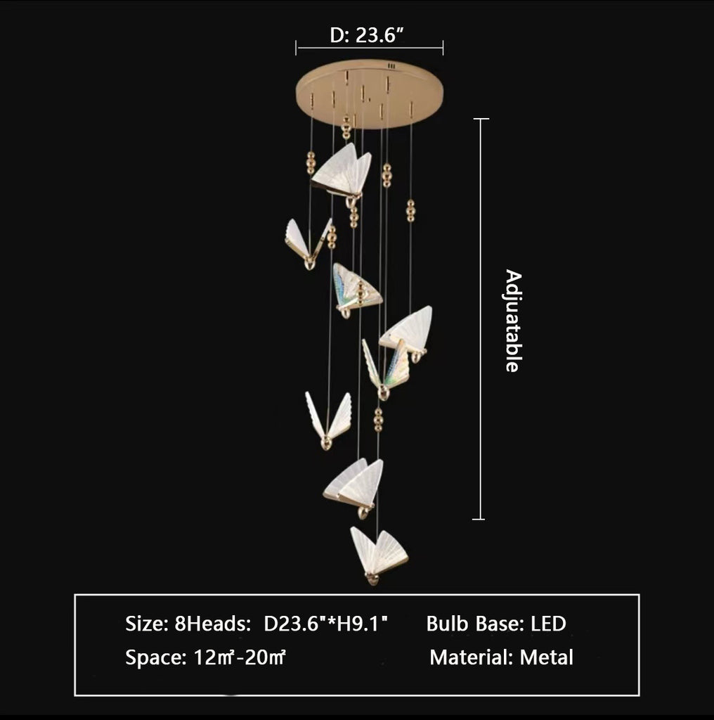 8Heads:  D23.6"*H9.1"  butterfly, modern, light luxury, pendant, unique, bedroom, dining table, kitchen island, staircase