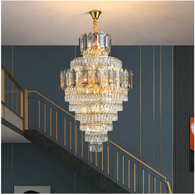 extra large crystal 2-story foryer / high ceiling living room / big hallway/ hotel entryway light fixture luxury modern stunning golden chandelier